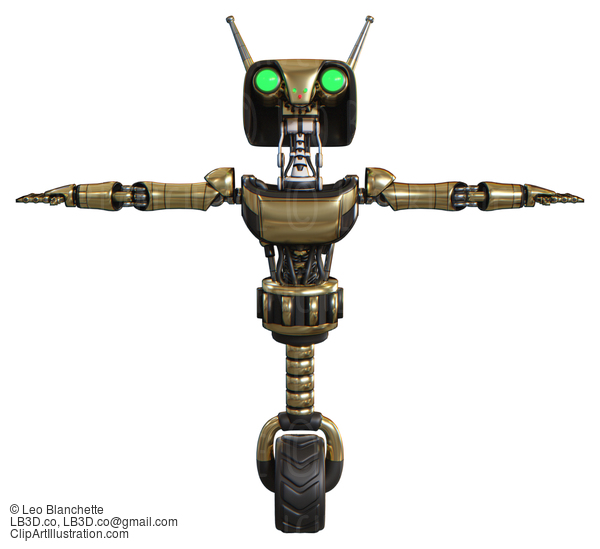 Robot Containing Dual Retro Camera Head And Cyborg Antenna Head And Light Chest Exoshielding And Ultralight Chest Exosuit And Unicycle Wheel. Gold. T-Pose. #20812