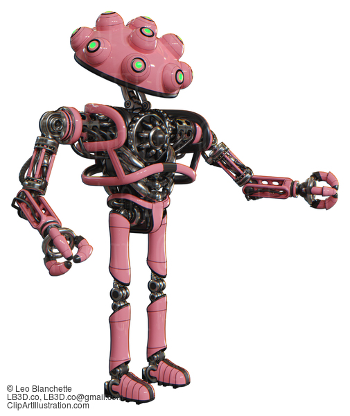 Robot Containing Techno Multi-Eyed Domehead Design And Heavy Upper Chest And No Chest Plating And Ultralight Foot Exosuit. Pink. Interacting. #20817