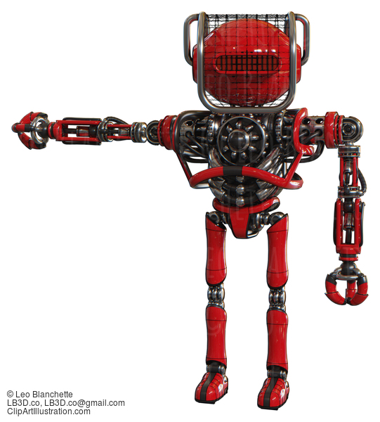 Bot Containing Oval Wide Head And Red Horizontal Visor And Barbed Wire Visor Helmet And Heavy Upper Chest And No Chest Plating And Ultralight Foot Exosuit. Red. Arm Out Holding Invisible Object.. #20818