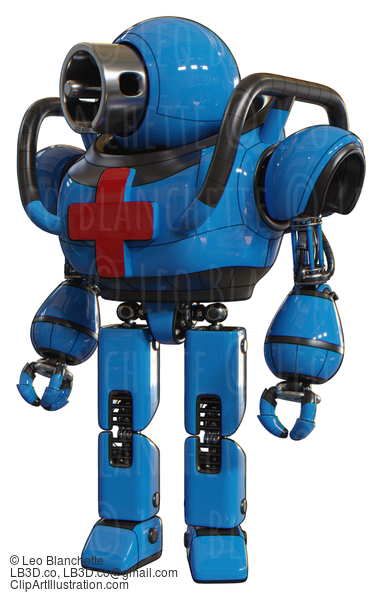 Automaton Containing Cable Connector Head And Heavy Upper Chest And First Aid Chest Symbol And Prototype Exoplate Legs. Blue. Standing Looking Right Restful Pose. #20825