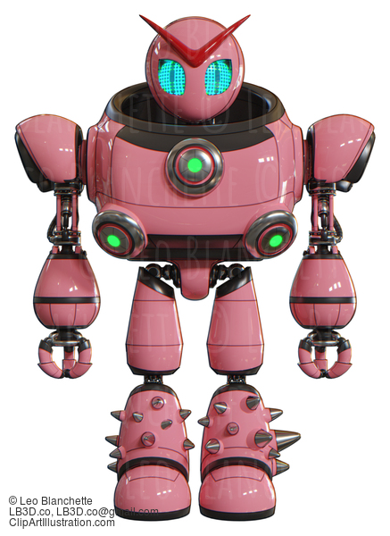 Robot Containing Grey Alien Style Head And Blue Grate Eyes And Heavy Upper Chest And Chest Green Energy Cores And Light Leg Exoshielding And Spike Foot Mod. Pink. Front View. #20829