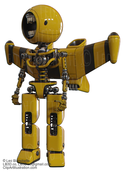 Robot Containing Round Head Chomper Design And Light Chest Exoshielding And Stellar Jet Wing Rocket Pack And No Chest Plating And Prototype Exoplate Legs. Yellow. Standing Looking Right Restful Pose. #20831