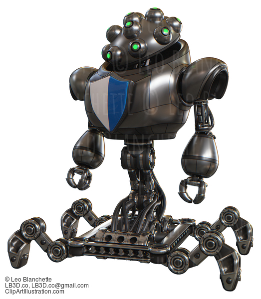 Bot Containing Techno Multi-Eyed Domehead Design And Heavy Upper Chest And Blue Shield Defense Design And Insect Walker Legs. Metal. Standing Looking Right Restful Pose. #20836