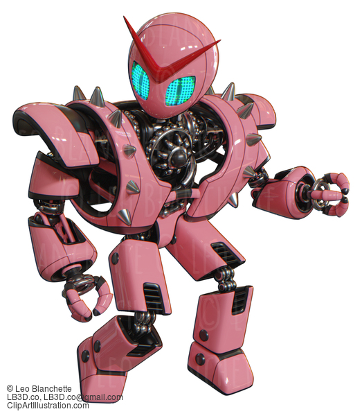 Cyborg Containing Grey Alien Style Head And Blue Grate Eyes And Heavy Upper Chest And Heavy Mech Chest And Shoulder Spikes And Prototype Exoplate Legs. Pink. Fight Or Defense Pose.. #20840