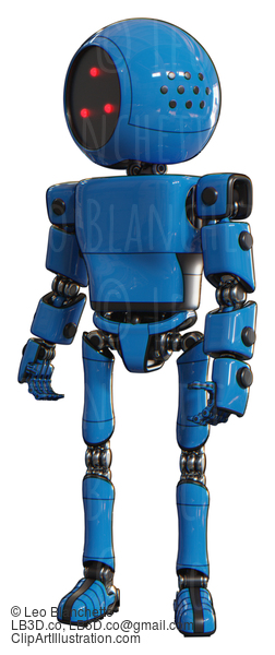 Robot Containing Three Led Eyes Round Head And Light Chest Exoshielding And Prototype Exoplate Chest And Ultralight Foot Exosuit. Blue. Standing Looking Right Restful Pose. #20845