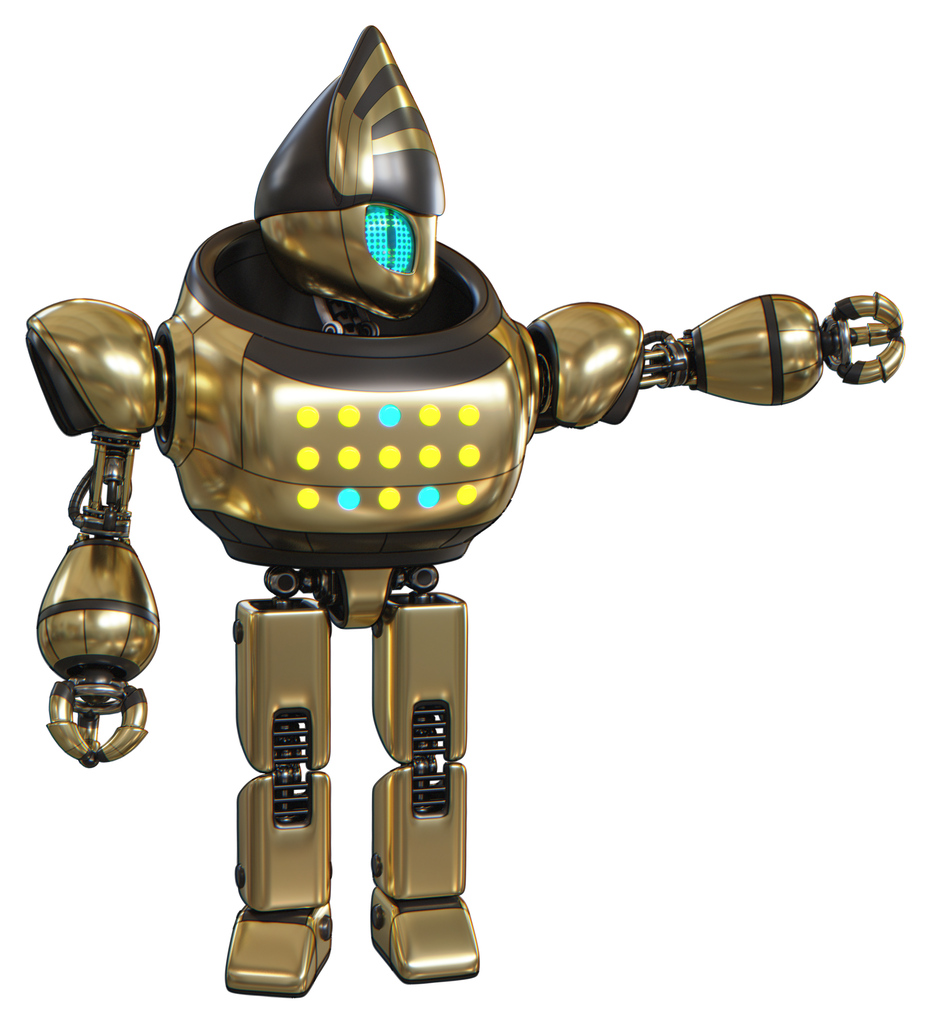 Android containing grey alien style head and blue grate eyes and heavy upper chest and colored lights array and prototype exoplate legs. Gold. Pointing left or pushing a button..
