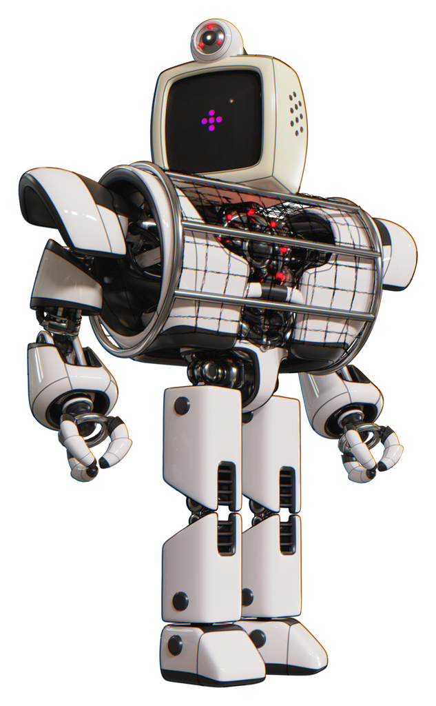 Droid containing old computer monitor and magenta symbol display and retro-futuristic webcam and heavy upper chest and heavy mech chest and barbed wire chest armor cage and prototype exoplate legs.