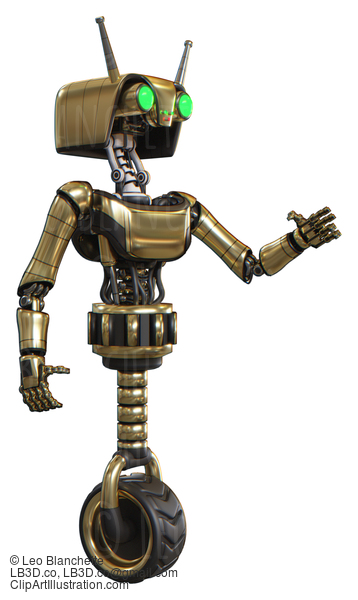 Robot Containing Dual Retro Camera Head And Cyborg Antenna Head And Light Chest Exoshielding And Ultralight Chest Exosuit And Unicycle Wheel. Gold. Interacting. #20860