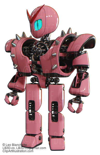 Cyborg Containing Grey Alien Style Head And Blue Grate Eyes And Heavy Upper Chest And Heavy Mech Chest And Shoulder Spikes And Prototype Exoplate Legs. Pink. Standing Looking Right Restful Pose. #20861