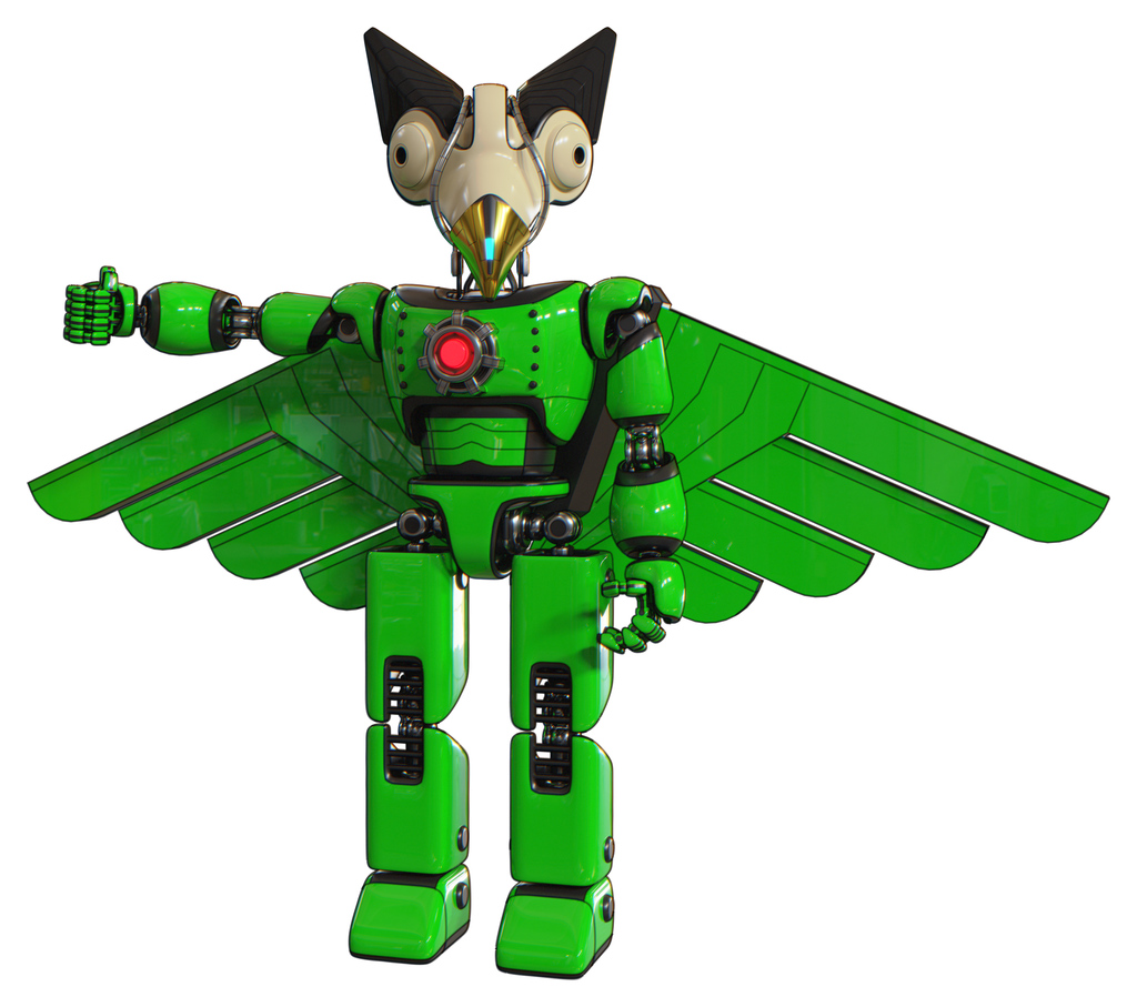 Mech containing bird skull head and bone skull eye holes and robobeak design and light chest exoshielding and red energy core and pilot's wings assembly and prototype exoplate legs. Green.