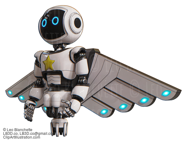 Automaton Containing Digital Display Head And Circle Eyes And Light Chest Exoshielding And Yellow Star And Cherub Wings Design And Jet Propulsion. White. Facing Right View. #20865