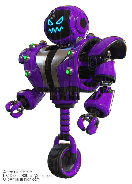 Automaton Containing Digital Display Head And Angry Face And Heavy Upper Chest And Heavy Mech Chest And Green Cable Sockets Array And Unicycle Wheel. Purple. Facing Right View. #20870