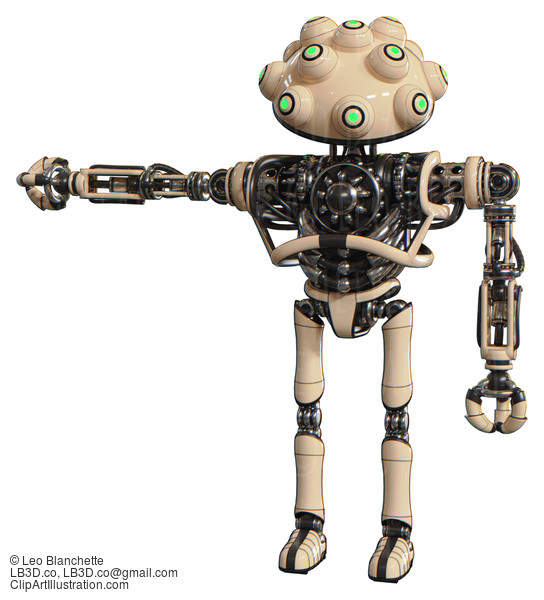 Droid Containing Techno Multi-Eyed Domehead Design And Heavy Upper Chest And No Chest Plating And Ultralight Foot Exosuit. Off-White. Arm Out Holding Invisible Object.. #20873