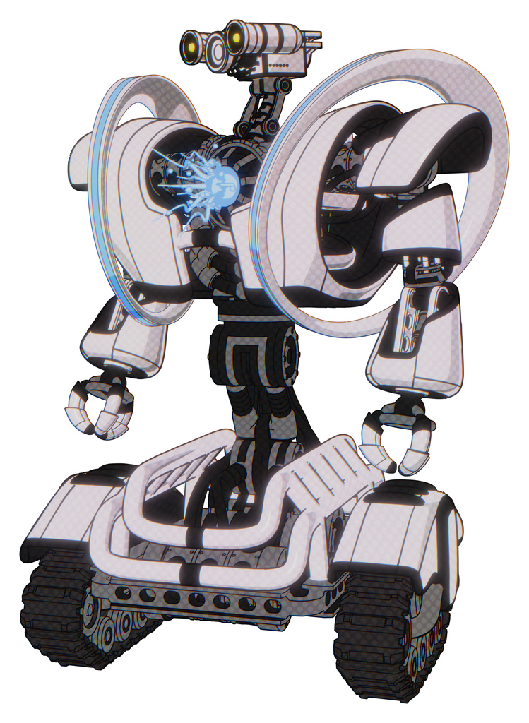Mech containing dual retro camera head and simple blue telescopic eye head and heavy upper chest and heavy mech chest and spectrum fusion core chest and tank tracks. White halftone toon.