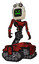 Automaton containing old computer monitor and angry pixels face and old computer magnetic tape and light chest exoshielding and ultralight chest exosuit and tank tracks. Grunge dots cherry tomato red.