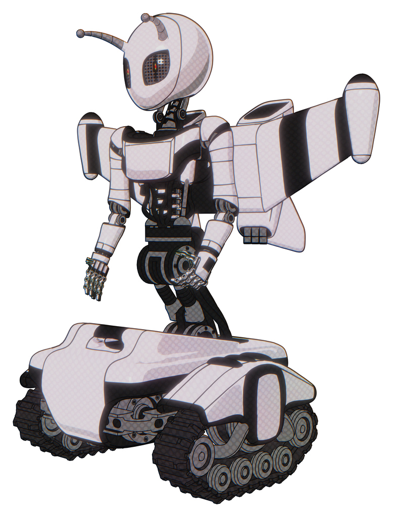 Cyborg containing grey alien style head and metal grate eyes and bug antennas and light chest exoshielding and ultralight chest exosuit and stellar jet wing rocket pack and tank tracks.