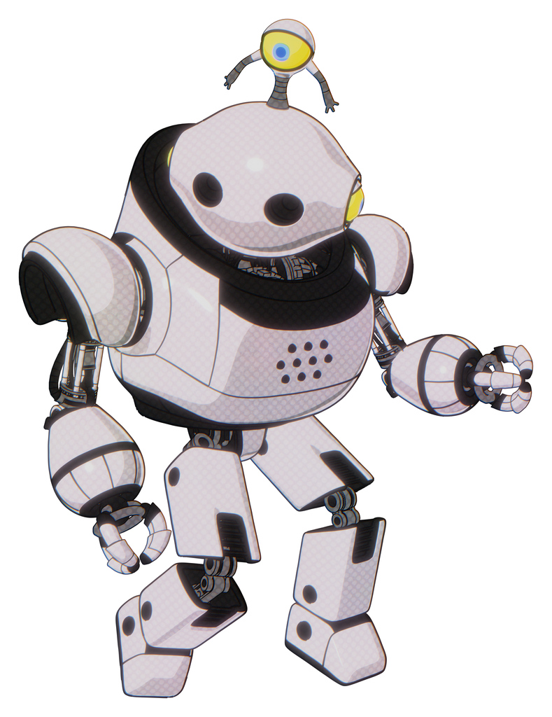 Robot containing oval wide head and minibot ornament and heavy upper chest and prototype exoplate legs. White halftone toon. Fight or defense pose..