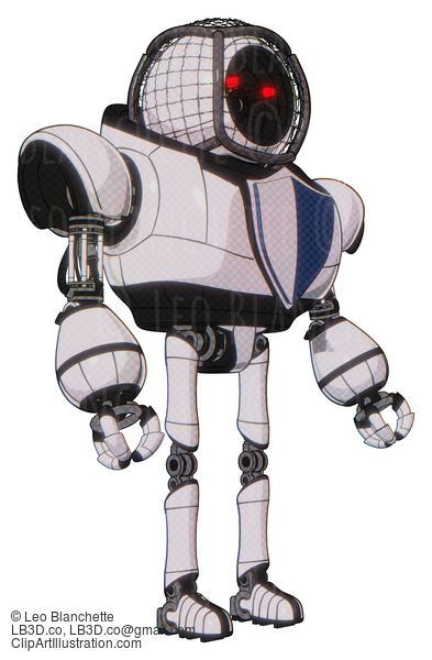 Android Containing Round Barbed Wire Round Head And Heavy Upper Chest And Blue Shield Defense Design And Ultralight Foot Exosuit. White Halftone Toon. Facing Left View. #16717