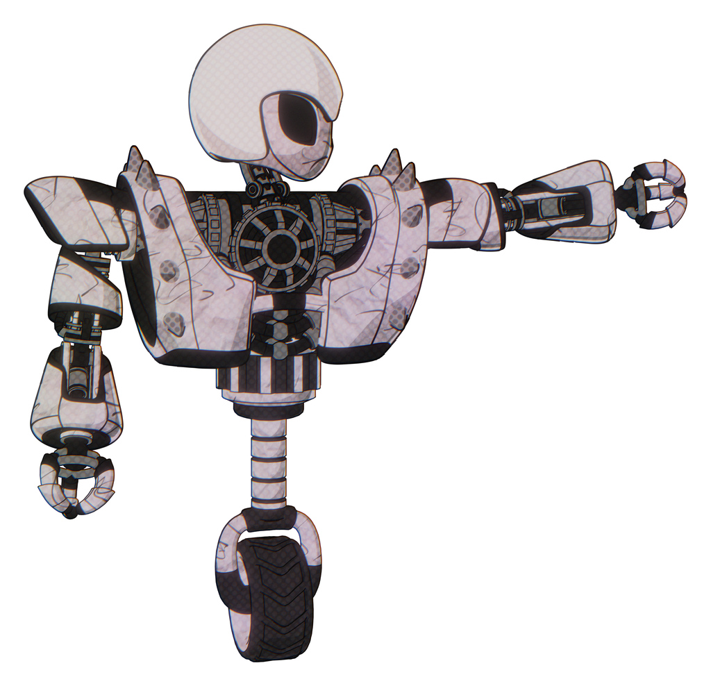 Robot containing grey alien style head and black eyes and helmet and heavy upper chest and heavy mech chest and shoulder spikes and unicycle wheel. Sketch pad doodle lines.