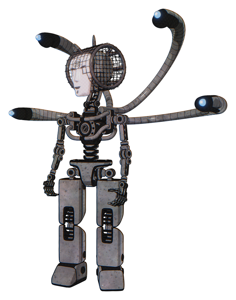 Bot containing humanoid face mask and spiral design and light chest exoshielding and blue-eye cam cable tentacles and no chest plating and prototype exoplate legs. Unpainted metal.