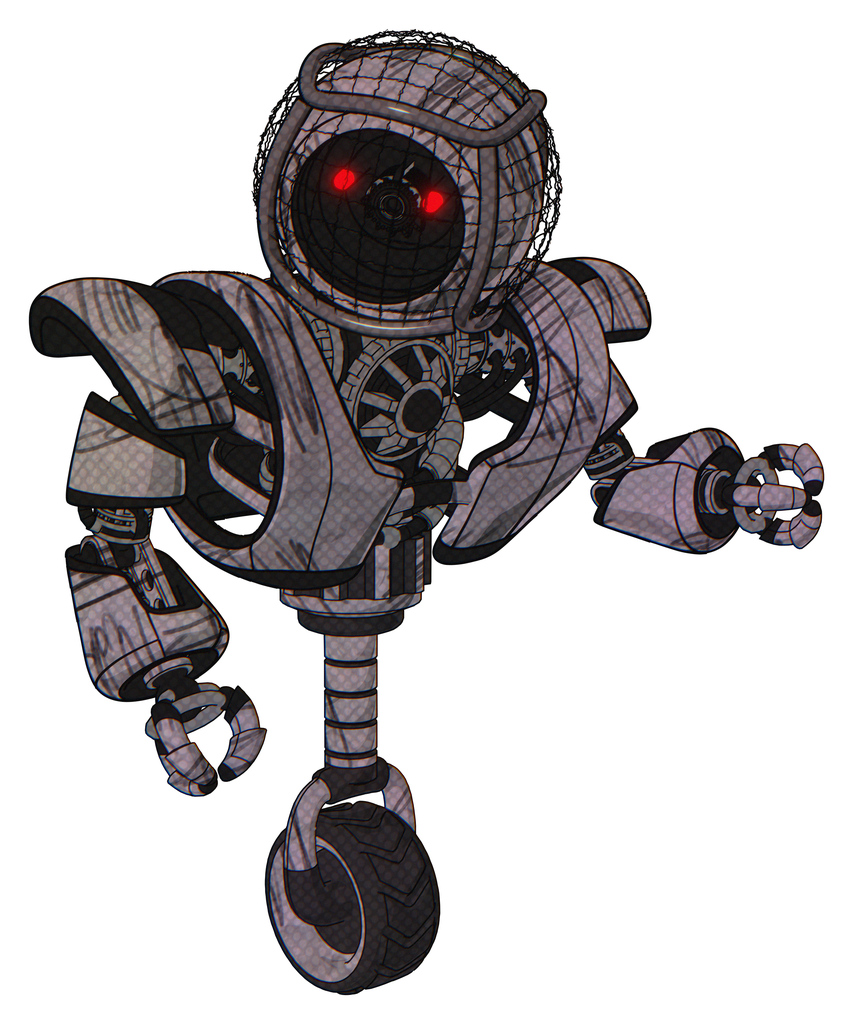 Mech containing round barbed wire round head and heavy upper chest and heavy mech chest and unicycle wheel. Dark sketchy. Fight or defense pose..
