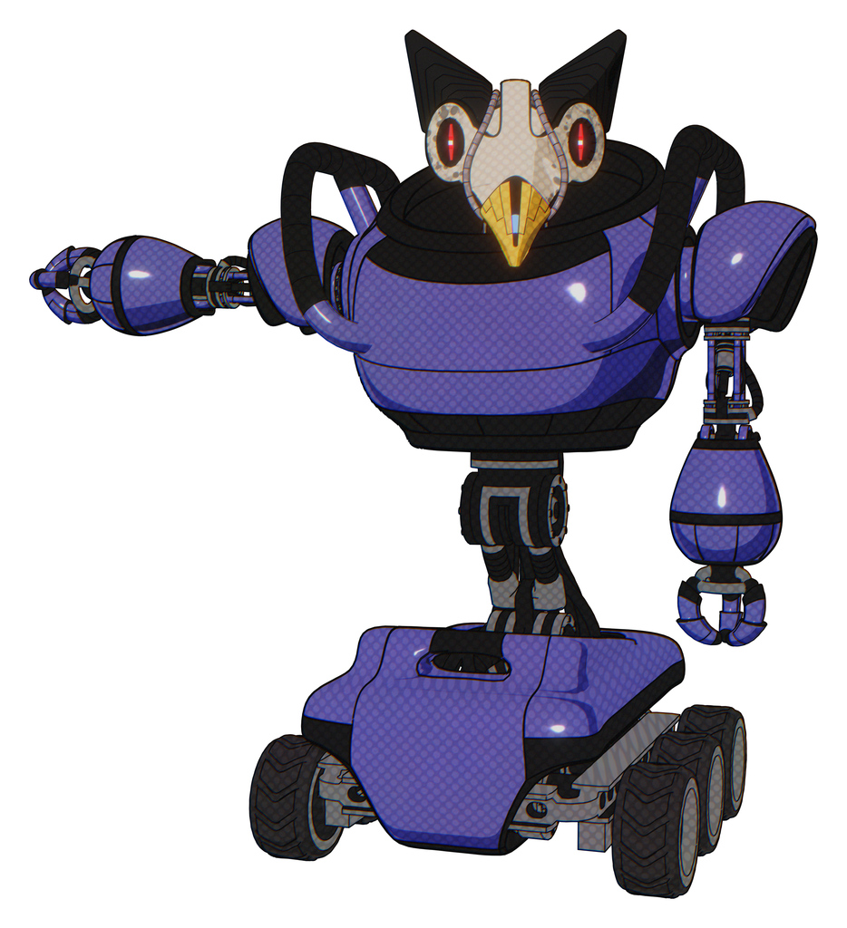 Robot containing bird skull head and red line eyes and robobeak design and heavy upper chest and six-wheeler base. Primary blue halftone. Arm out holding invisible object..