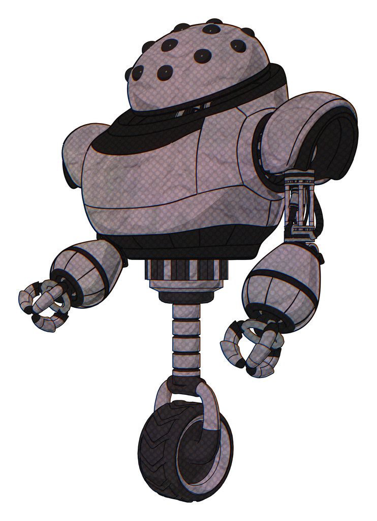 Bot containing black sphere cam design and heavy upper chest and unicycle wheel. Dark sketch. Facing right view.