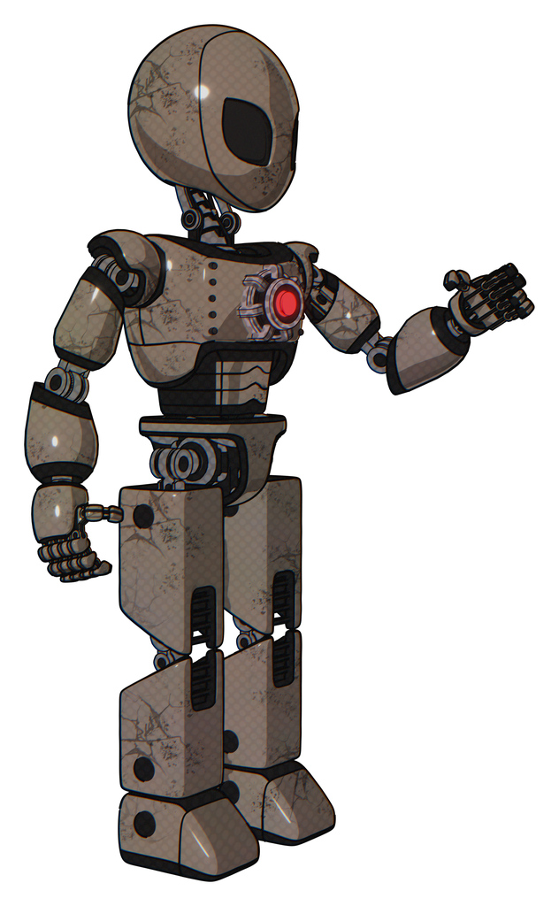 Robot containing grey alien style head and black eyes and light chest exoshielding and red energy core and prototype exoplate legs. Patent khaki metal. Interacting.