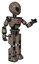 Robot containing grey alien style head and black eyes and light chest exoshielding and red energy core and prototype exoplate legs. Patent khaki metal. Interacting.