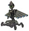 Droid containing grey alien style head and led array eyes and alien bug creature hat and light chest exoshielding and ultralight chest exosuit and cherub wings design and insect walker legs.