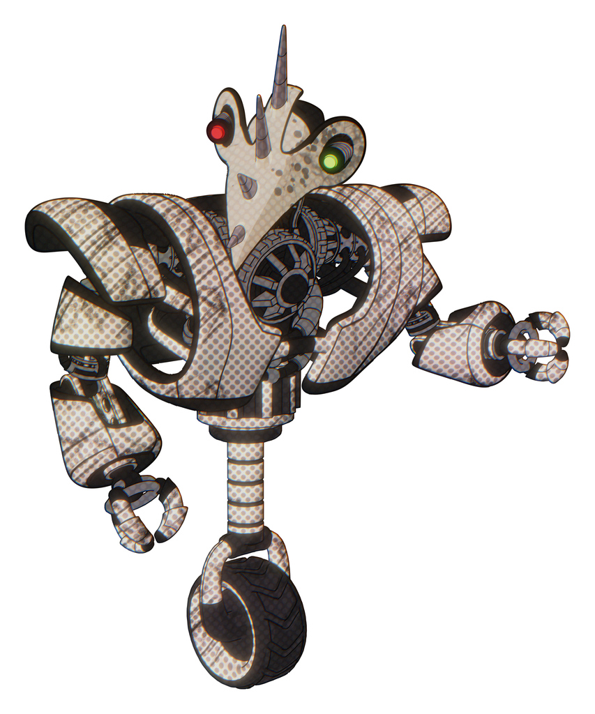 Bot containing bird skull head and yellow and green scope eyes and heavy upper chest and heavy mech chest and unicycle wheel. Halftone sketch. Fight or defense pose..