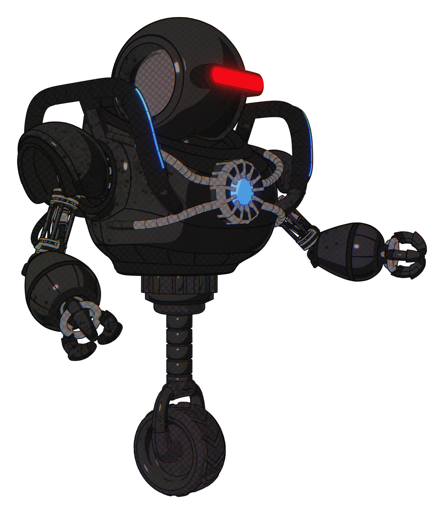 Cyborg containing round head and horizontal red visor and heavy upper chest and chest blue energy core and blue strip lights and unicycle wheel. Dirty black. Interacting.