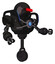 Cyborg containing round head and horizontal red visor and heavy upper chest and chest blue energy core and blue strip lights and unicycle wheel. Dirty black. Interacting.