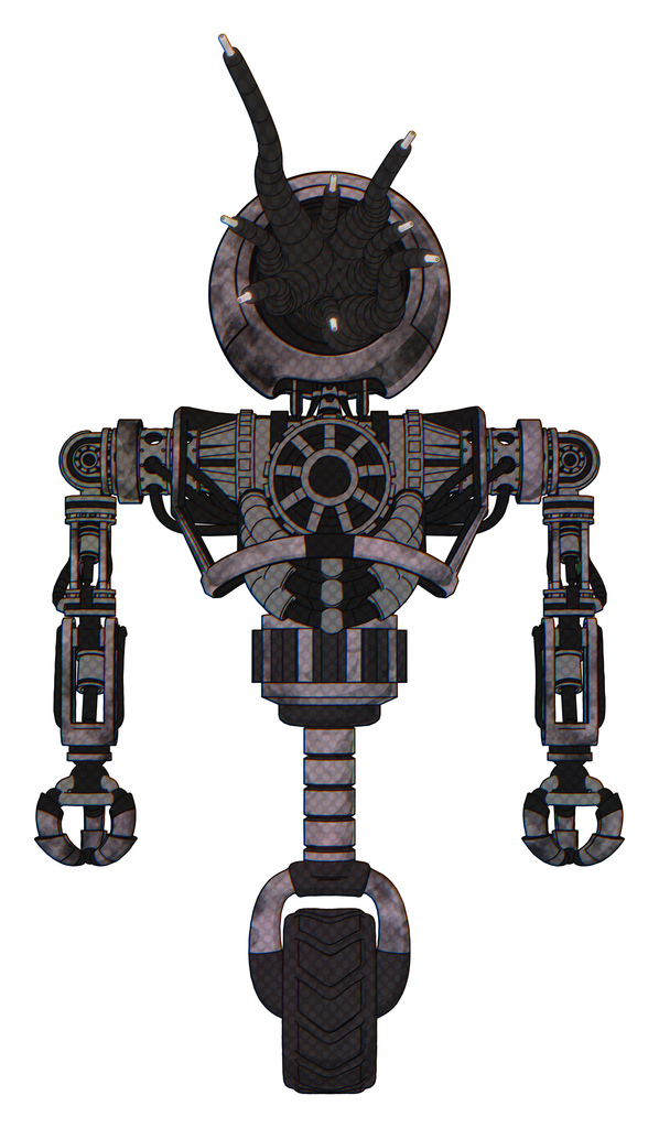 Cyborg containing jellyfish style head black fiber optic tentacles and heavy upper chest and no chest plating and unicycle wheel. Sketch pad cloudy smudges. Front view.