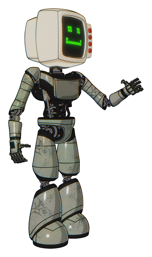 Robot containing old computer monitor and happy pixel face and red buttons and light chest exoshielding and ultralight chest exosuit and light leg exoshielding. Green metal. Interacting.