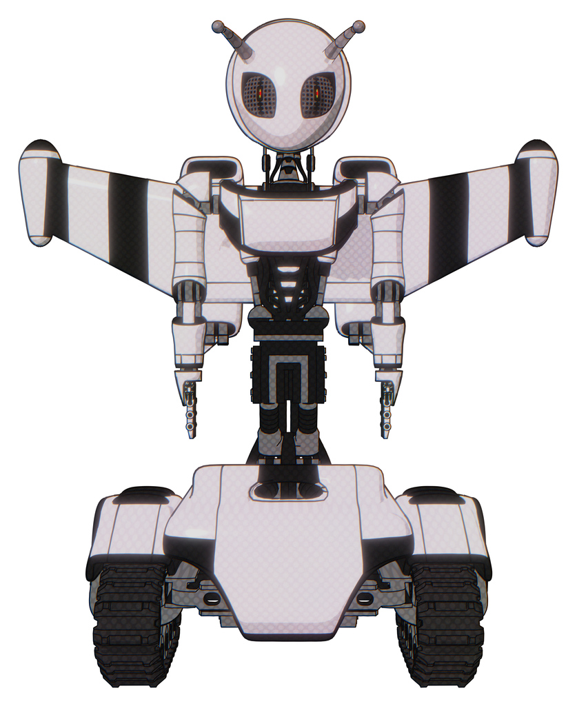 Cyborg containing grey alien style head and metal grate eyes and bug antennas and light chest exoshielding and ultralight chest exosuit and stellar jet wing rocket pack and tank tracks.