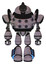 Bot containing gatling gun face design and heavy upper chest and chest energy sockets and light leg exoshielding and megneto-hovers foot mod. Dark sketch. Front view.