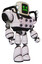 Droid containing old computer monitor and stunned pixels face and heavy upper chest and chest energy sockets and shoulder headlights and light leg exoshielding. White halftone toon. Facing left view.