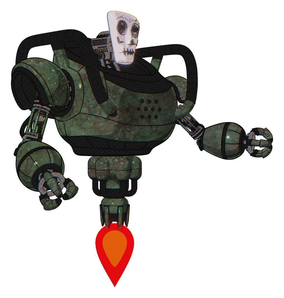 Robot containing humanoid face mask and skeleton war paint and heavy upper chest and jet propulsion. Old corroded copper. Interacting.