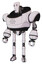 Bot containing humanoid face mask and red clown marks and heavy upper chest and ultralight foot exosuit. White halftone toon. Standing looking right restful pose.