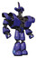 Bot containing dual retro camera head and reversed fin head and heavy upper chest and heavy mech chest and light leg exoshielding. Primary blue halftone. Hero pose.