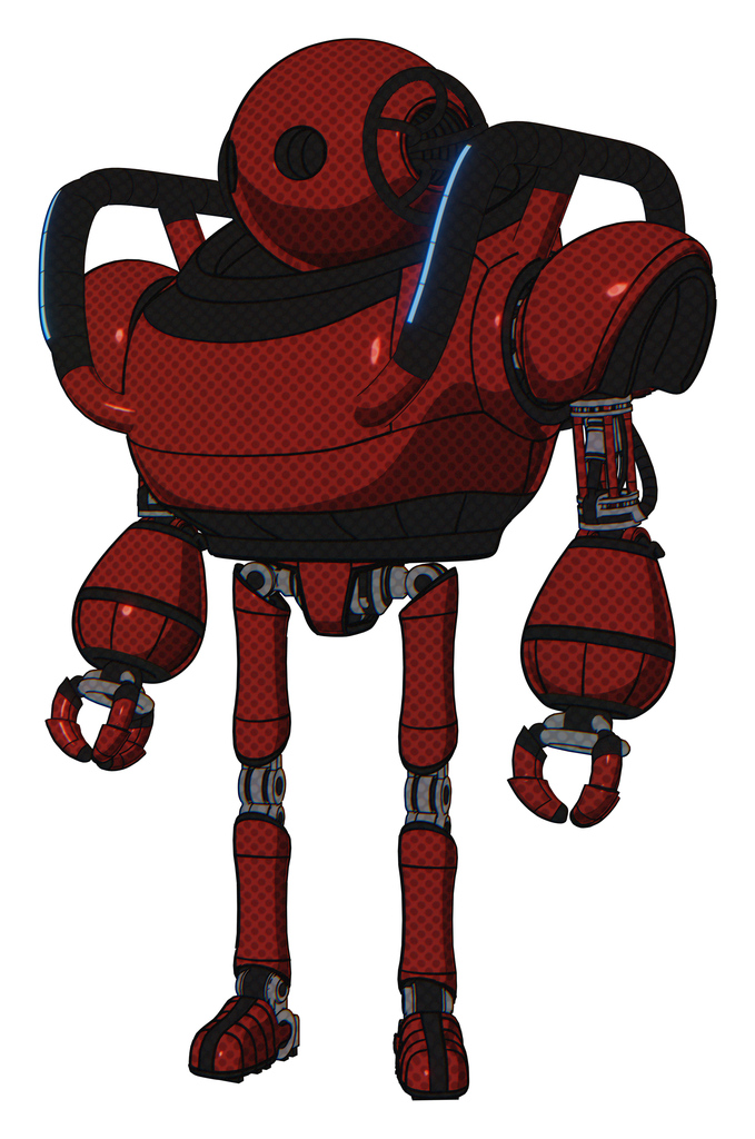 Robot containing oval wide head and heavy upper chest and blue strip lights and ultralight foot exosuit. Matted red. Standing looking right restful pose.
