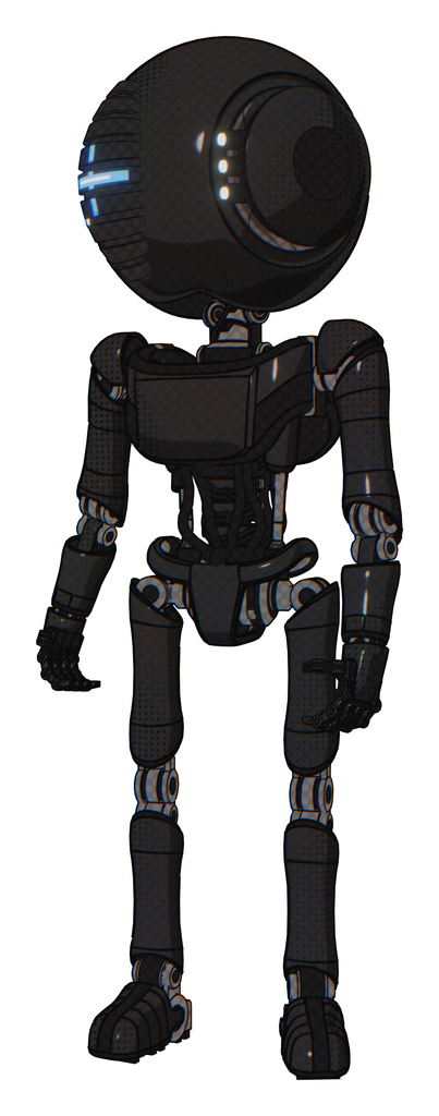 Bot containing round head and vertical cyclops visor and head light gadgets and light chest exoshielding and ultralight chest exosuit and ultralight foot exosuit. Clean black.