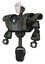 Droid containing humanoid face mask and spiral design and heavy upper chest and heavy mech chest and blue energy fission element chest and unicycle wheel. Old corroded copper.