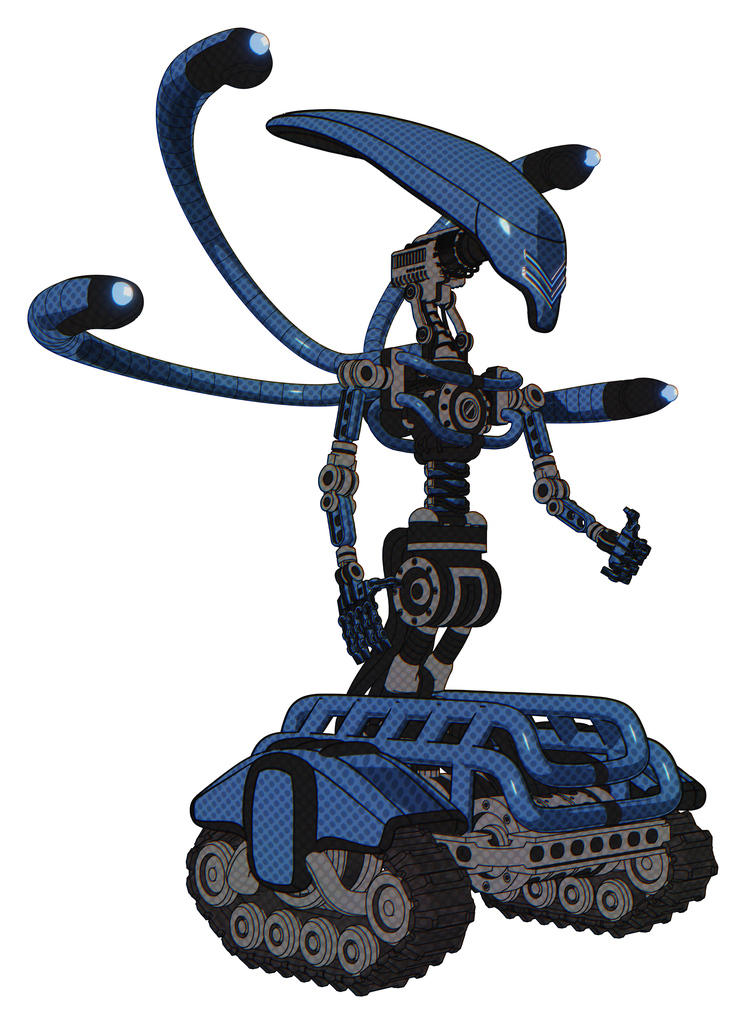 Cyborg containing flat elongated skull head and light chest exoshielding and blue-eye cam cable tentacles and no chest plating and tank tracks. Blue halftone. Facing left view.
