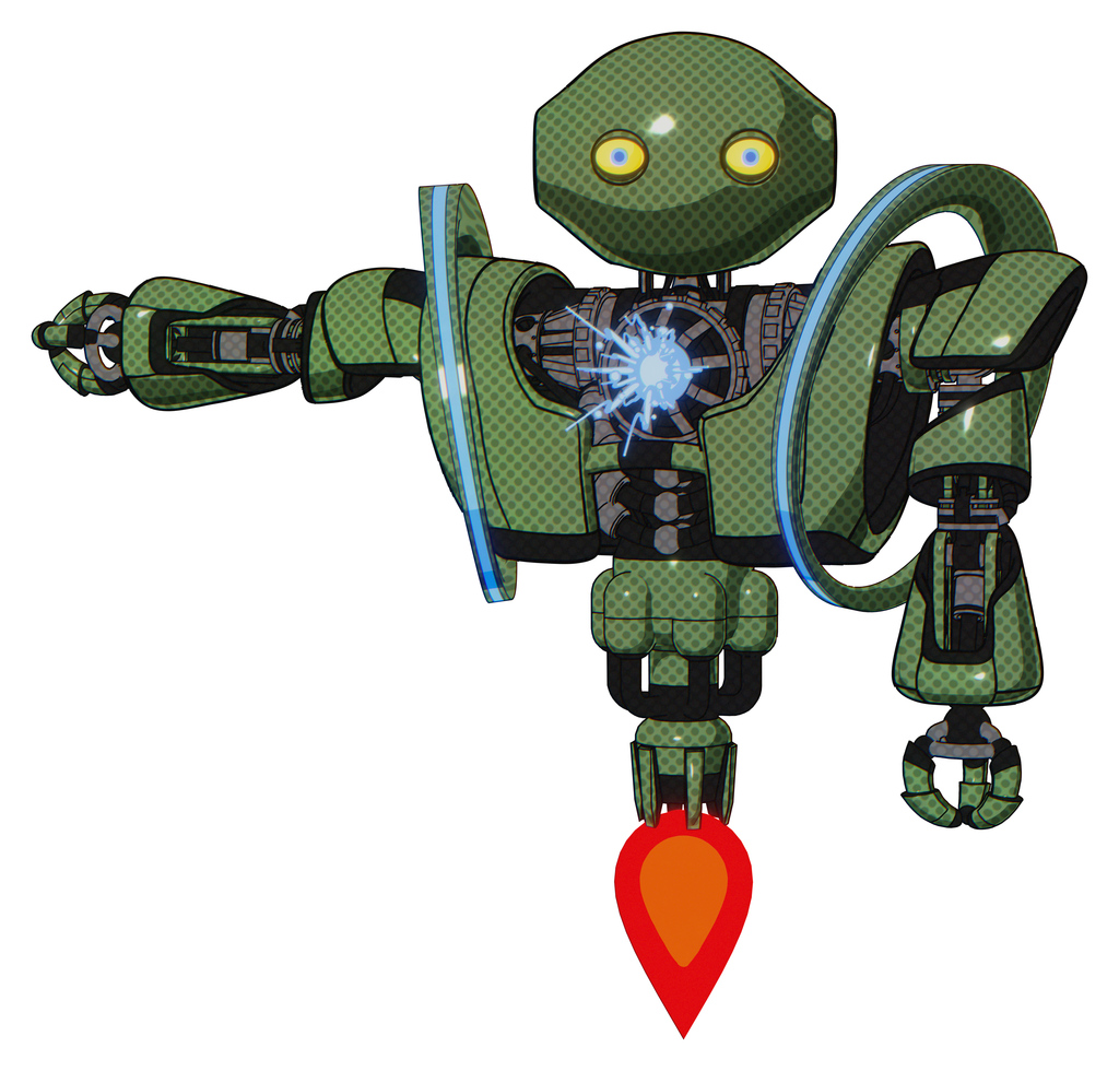 Cyborg containing oval wide head and yellow eyes and heavy upper chest and heavy mech chest and spectrum fusion core chest and jet propulsion. Grass green. Arm out holding invisible object..