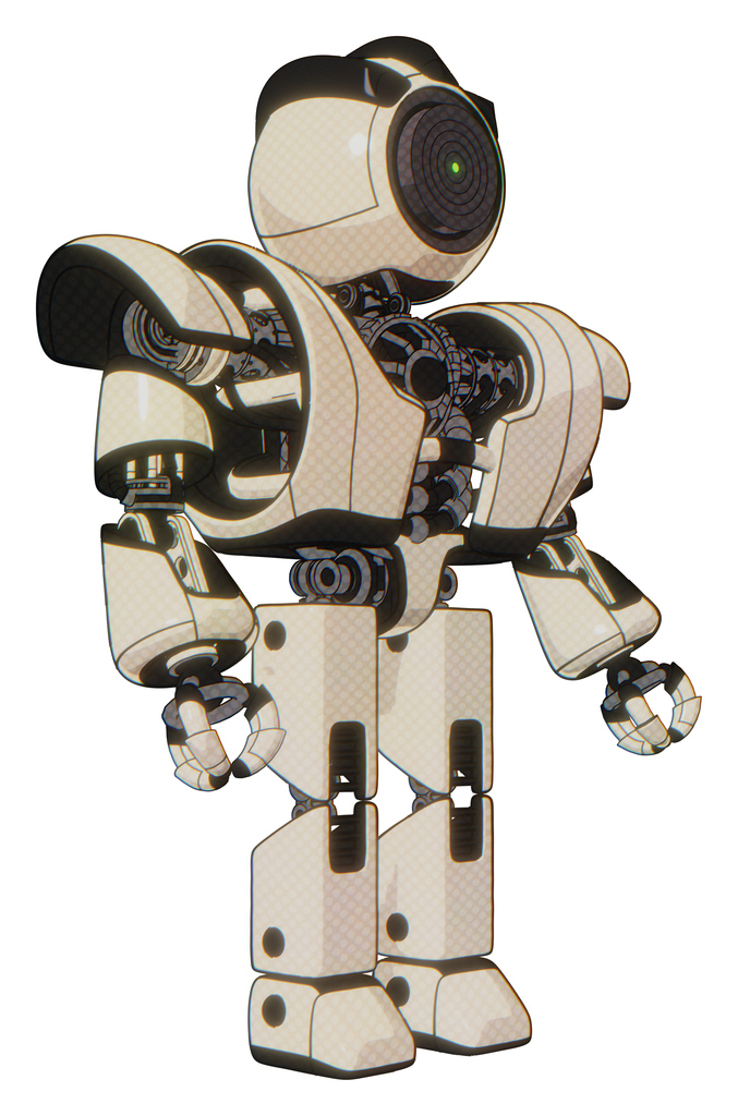 Android containing green dot eye corn row plastic hair and heavy upper chest and heavy mech chest and prototype exoplate legs. Off white toon. Facing left view.