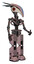 Robot containing bird skull head and red led circle eyes and head shield design and light chest exoshielding and no chest plating and prototype exoplate legs. Powder pink metal. Facing left view.