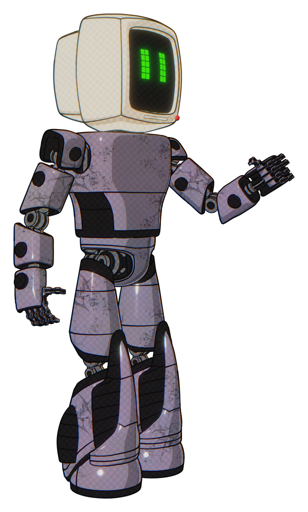 Robot containing old computer monitor and pixel line eyes and light chest exoshielding and prototype exoplate chest and light leg exoshielding and stomper foot mod. Matted pink metal. Interacting.