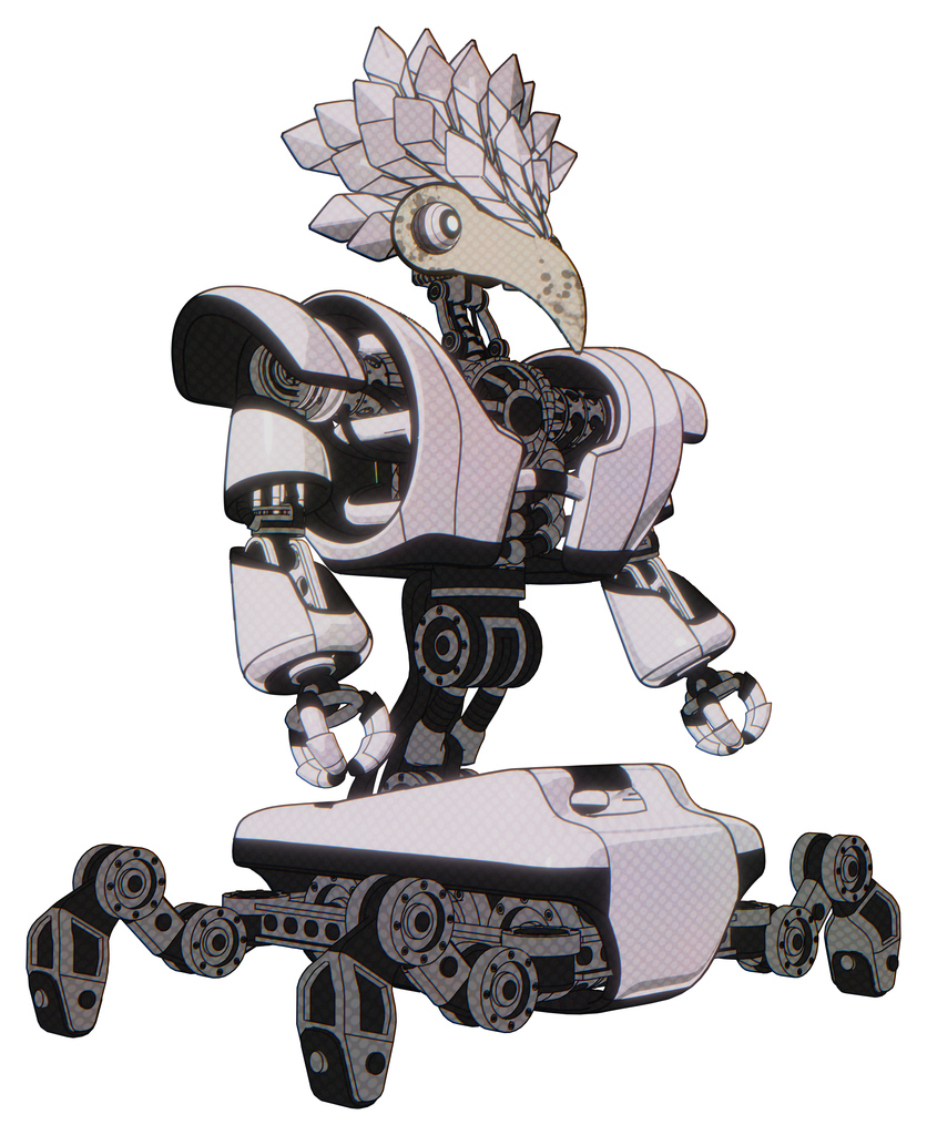 Mech containing bird skull head and white eyeballs and bird feather design and heavy upper chest and heavy mech chest and insect walker legs. White halftone toon. Facing left view.